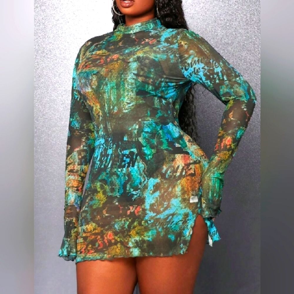 Ladies Beautiful high neck see through sexy dress sz Large